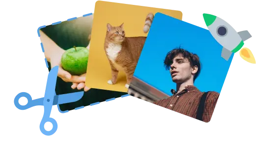 Gráfico promocional para Photogov.com apresentando uma ferramenta de remoção de fundo de qualidade com exemplos de imagens de um limão, um gato e um jovem após a remoção do fundo.